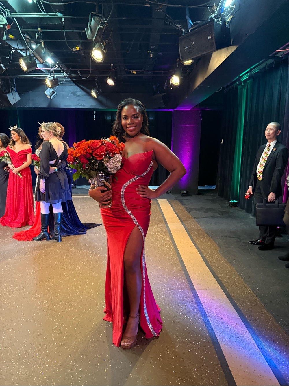Portia and Scarlett Red Strapless Prom Gown with Crystal Side Detail